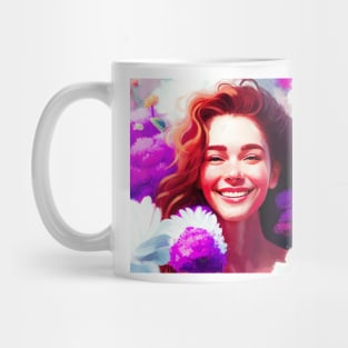 Woman happy portrait with flowers Mug